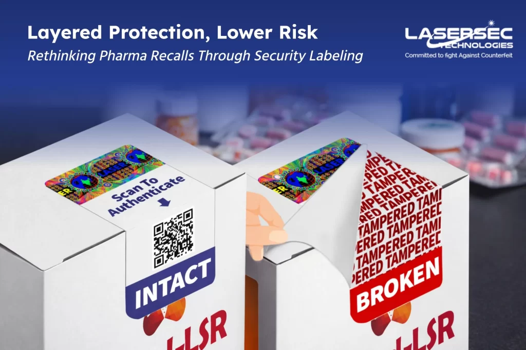 Security labels on pharmaceutical packaging helping prevent product recalls through authentication and tamper evidence.