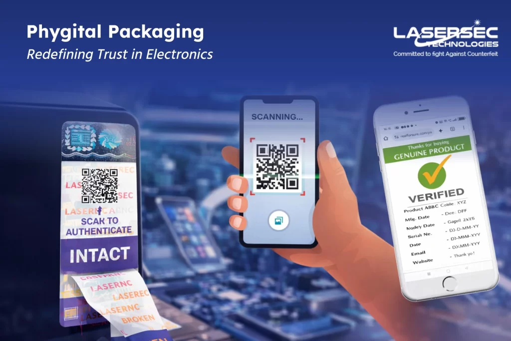Phygital packaging with secure QR code and authentication features protecting electronic products from counterfeiting.